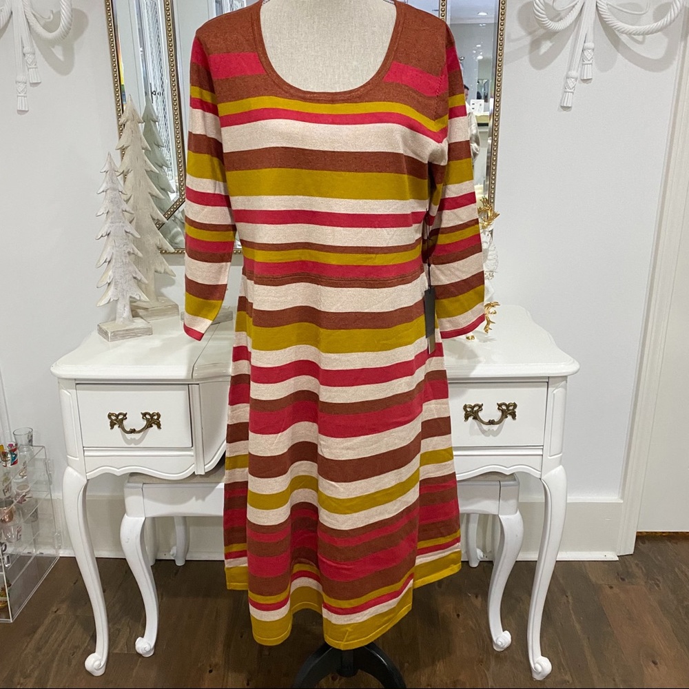 MAREE POUR TOI Striped Fit & Flare Midi Sweater Dress In Rust 12/14 NWT